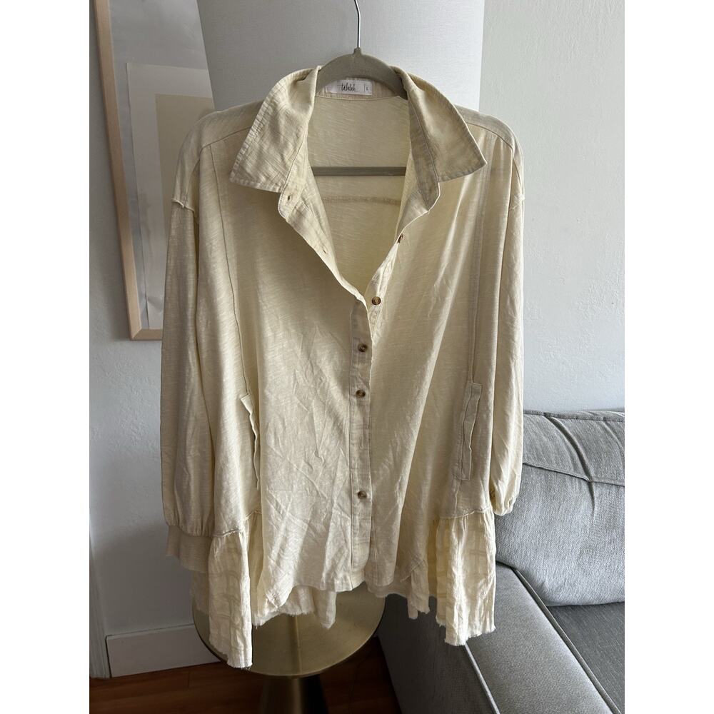 Anthropologie Tunic Shirt Beige Lagenlook Size L Oversized Boho - Picture 8 of 12